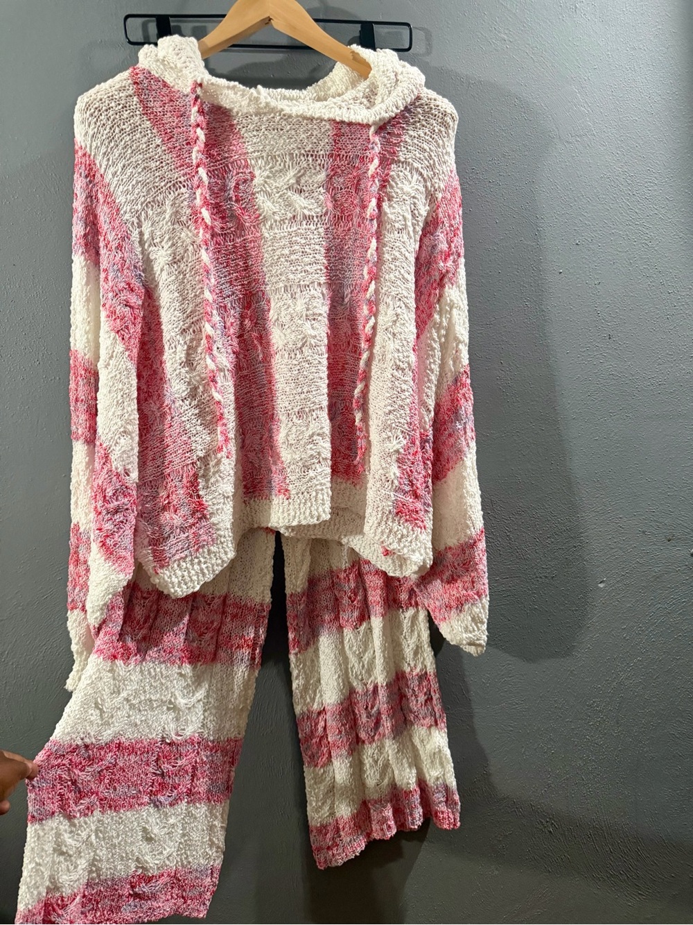 POL Pink & Cream Striped Knit Hoodie Lounge Set